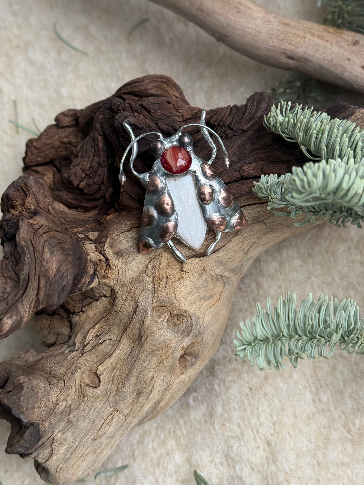 Brooch Tiger Moth with Palm Stone & Fused Glass, Gemstone Jewelry stone new
