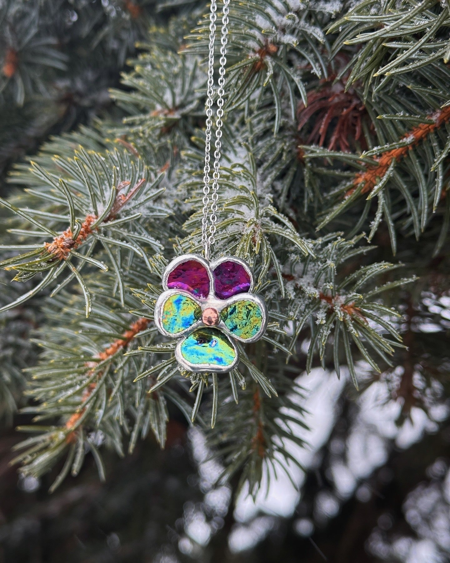 " . Pansy Purple lumi & Yellow-blue lumi Necklace ” Stained glass tropical flower 3D, art jewelry