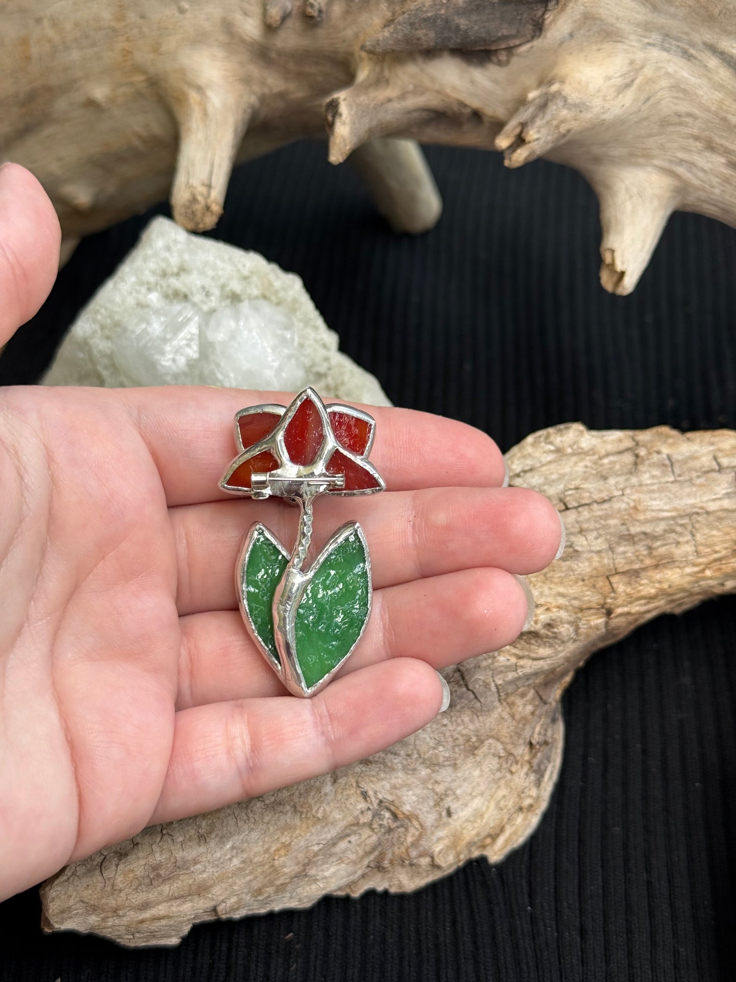 " . Brooch Orchid Berry Red iridescent” Stained glass tropical flower 3D