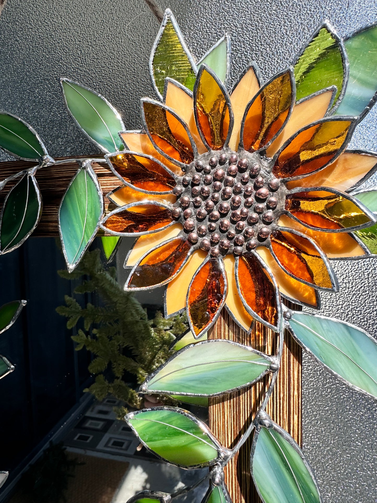 " . Golden Sunflower garden" Stained glass flower Mirror wall decor Art, Wedding, Christmas, gift Decoration Glass flowers Succulents