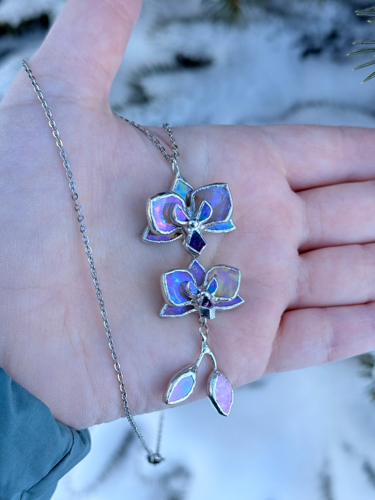 " . Necklace Orchid 2 flowers with buds Beige iridescent” Stained glass tropical flower 3D, art jewelry