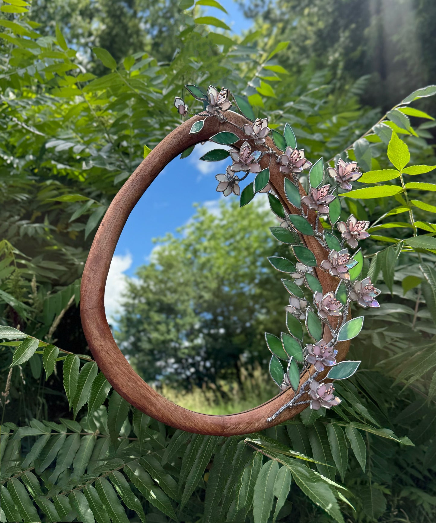 .Pink Sakura Stained glass Wall Mirror, 3D Botanical Floral Art ready new