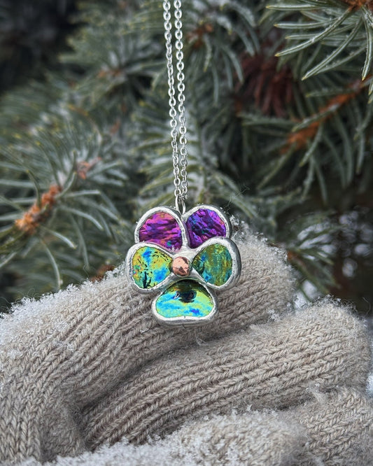 " . Pansy Purple lumi & Yellow-blue lumi Necklace ” Stained glass tropical flower 3D, art jewelry