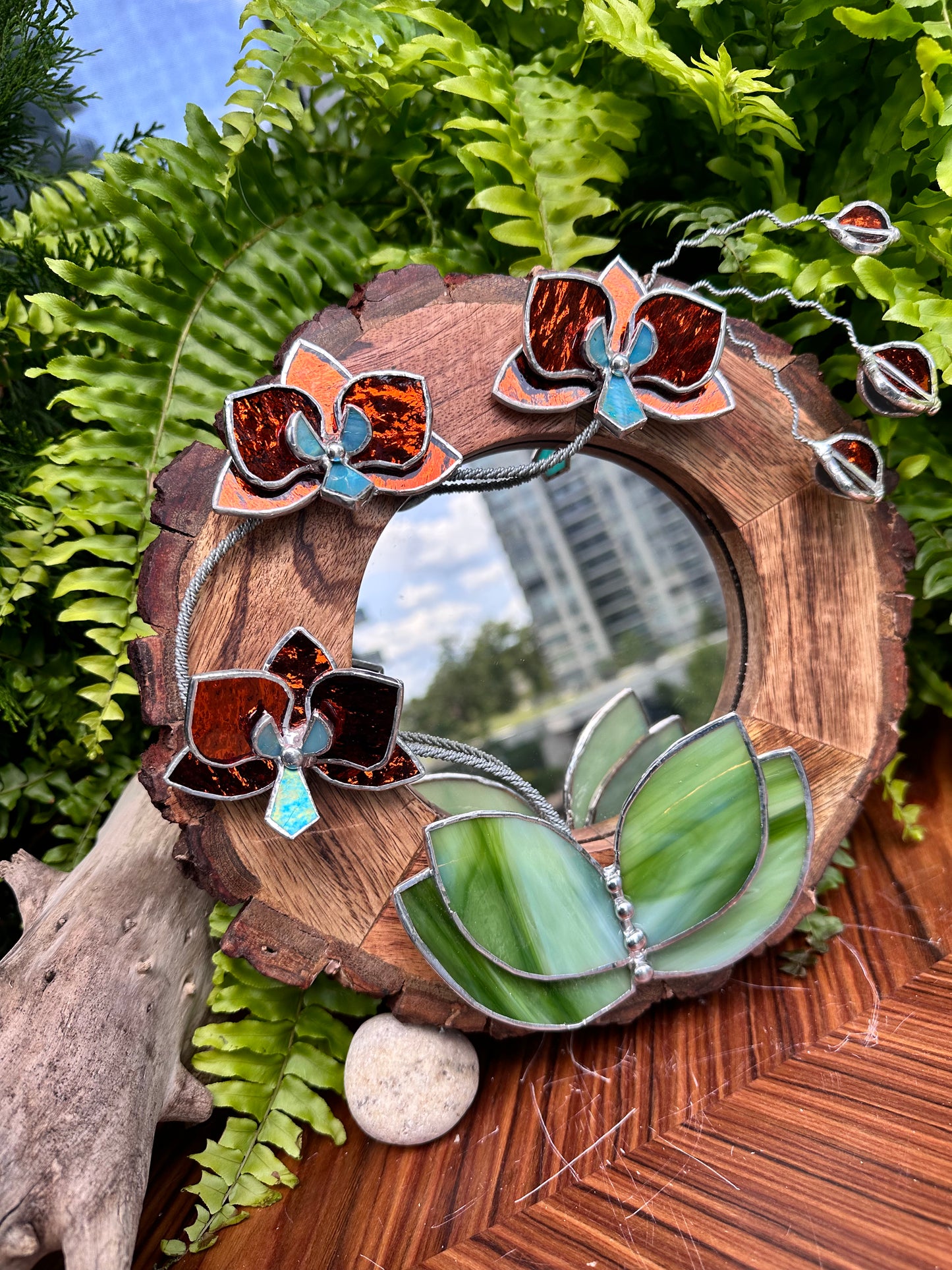 ". Amber Silvercoat Orchid Mirror" Stained glass flower Wall decor.  Sun catcher Wooden frame Home wedding Decor Art. Christmas gift