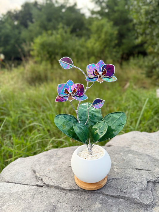 Orchid Indigo iridescent WITH RESIN Hand painted LEAVES Stained Glass 2 flowers in a Pot, Botanical Art Sculpture