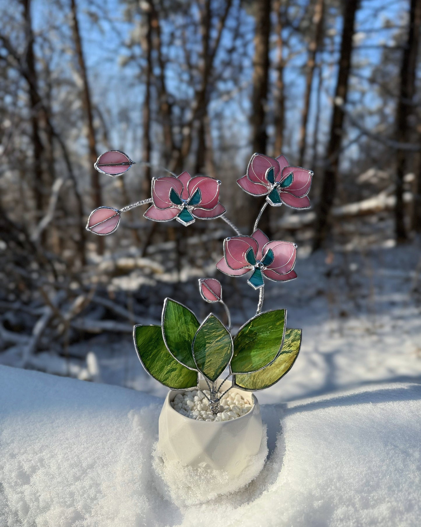 " . Bright Pink Orchid 3 flowers with pot” Stained glass tropical flower 3D, Sun catcher, Table plant, Garden stick, Outdoor and gardening decor