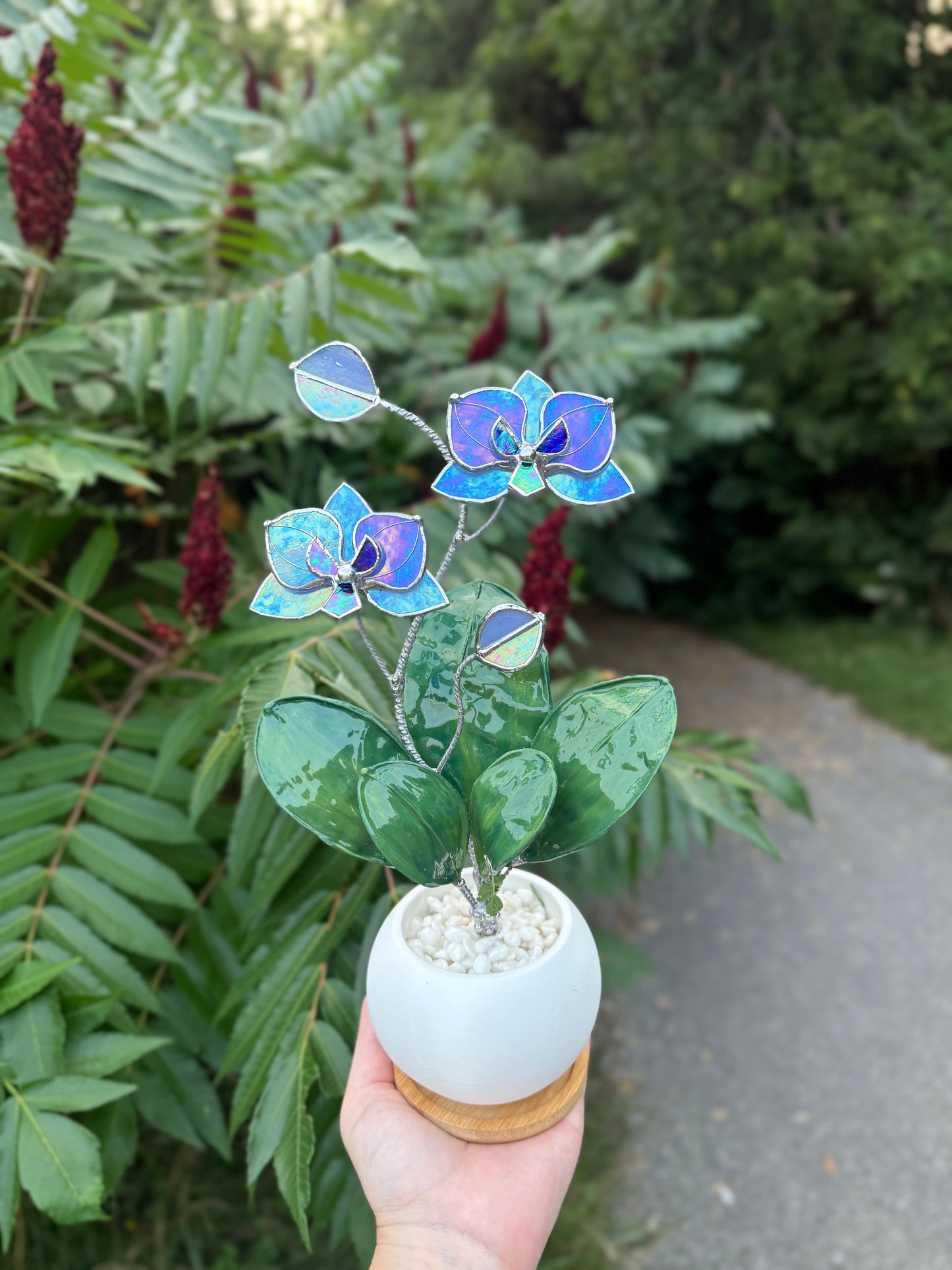 Orchid Blue lavender WITH RESIN Hand painted LEAVES Stained Glass 2 flowers in a Pot, Botanical Art Sculpture
