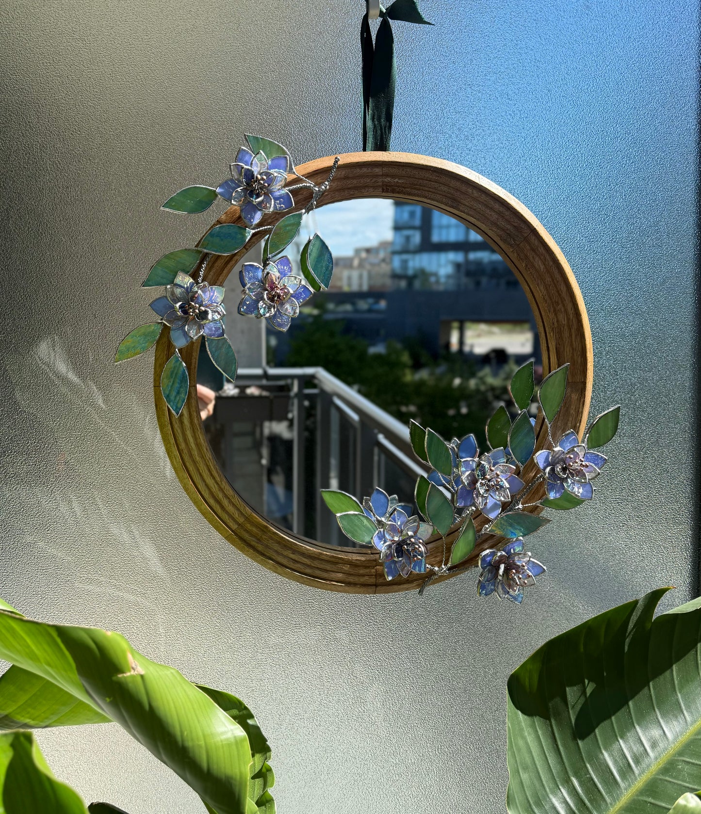 .Blue Wildflowers Stained glass Wall Mirror, 3D Botanical Floral Art ready