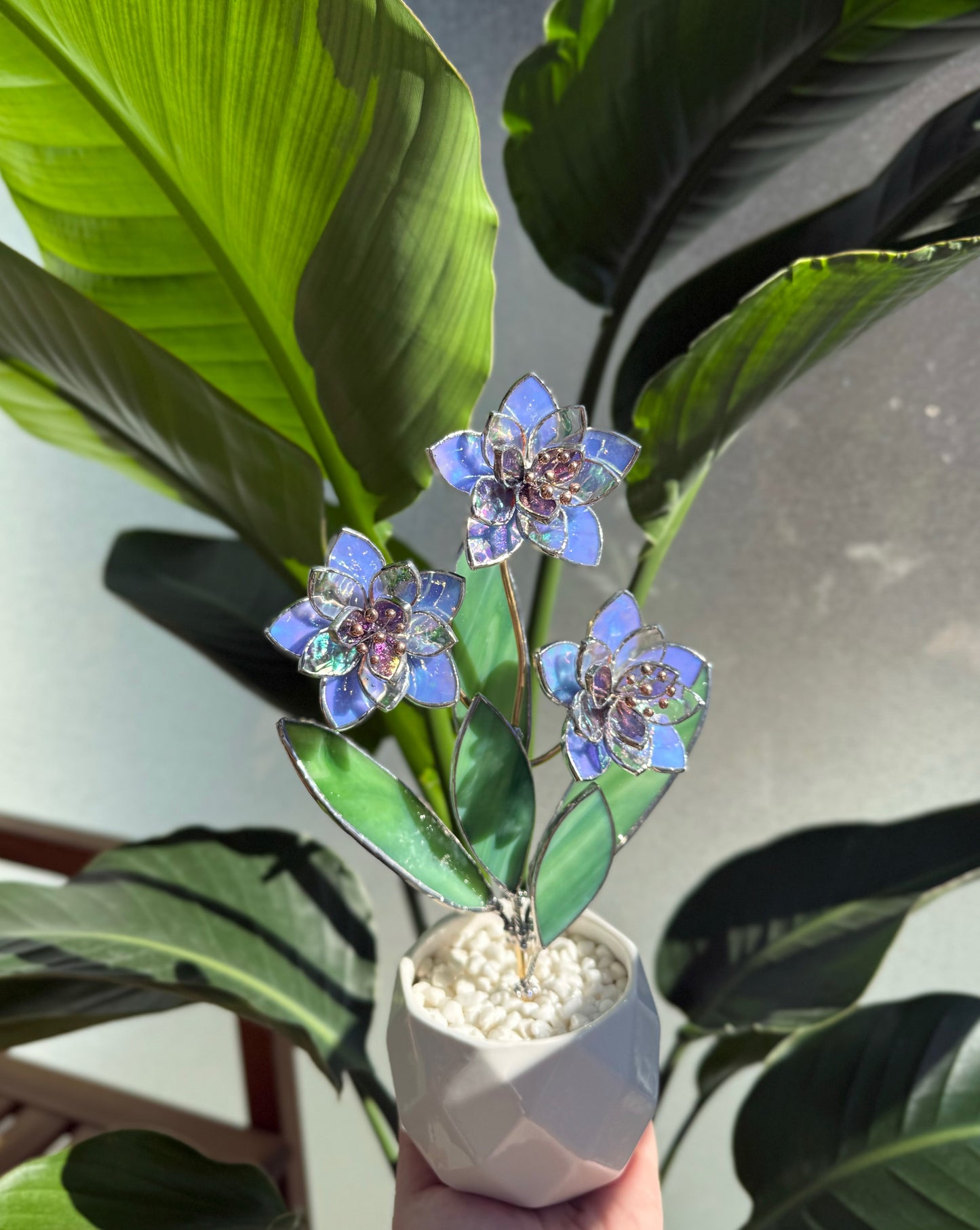 .Blue Iridescent Wildflower Stained glass Handcrafted Floral Home Decor new