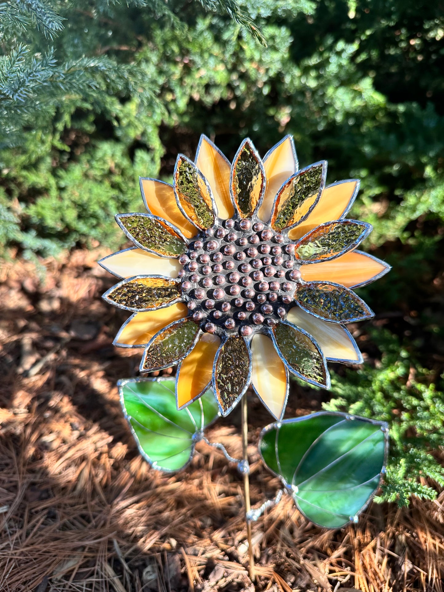 ".Sunflower Light Amber", stained glass tropical flower 3D, Sun catcher, Table plant decor, Garden stake, Outdoor and gardening, wedding Christmas gift