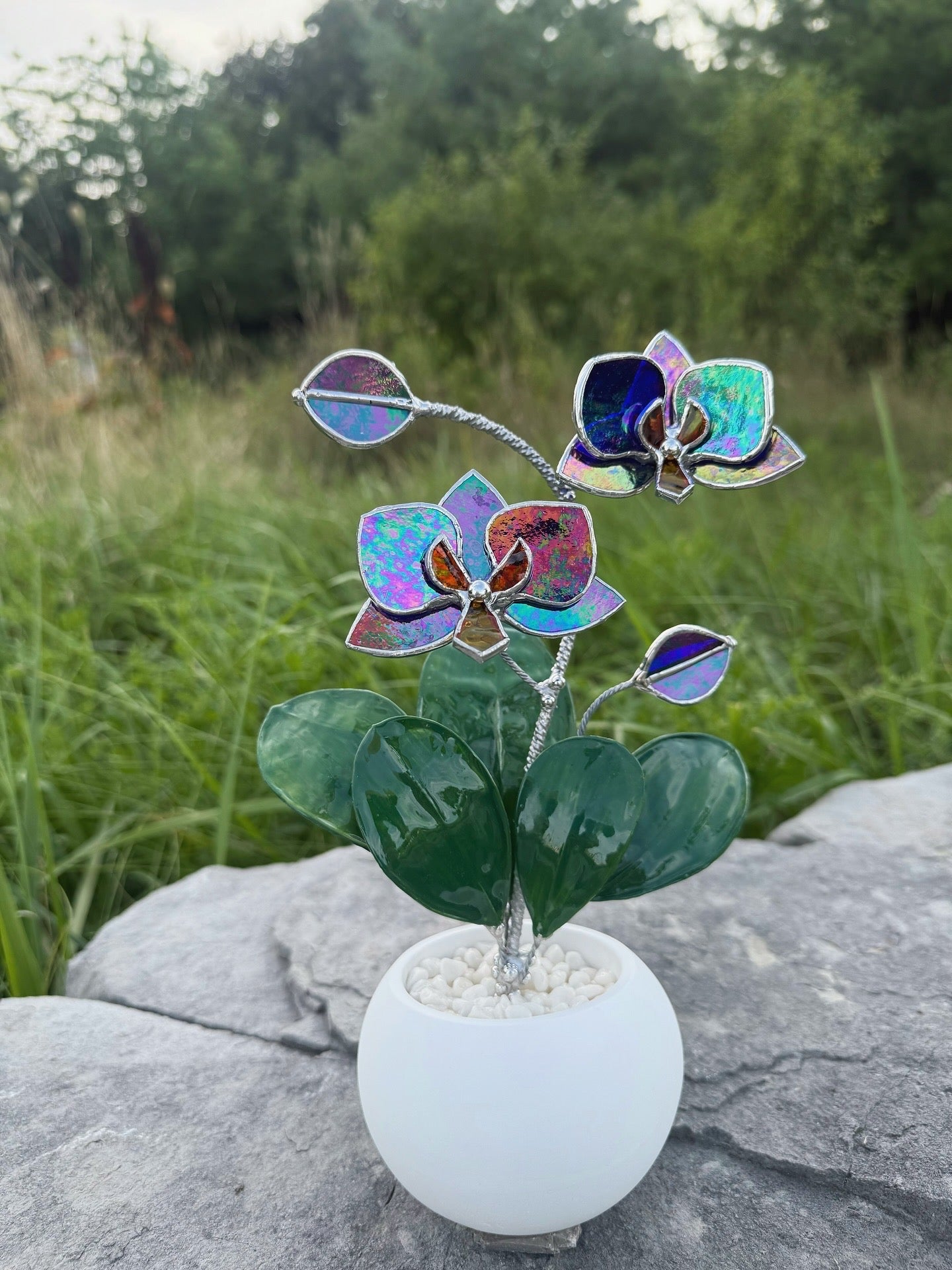Indigo iridescent Artificial Orchid WITH RESIN Hand painted LEAVES 2 flowers with bud in a Pot, Botanical Art Sculpture