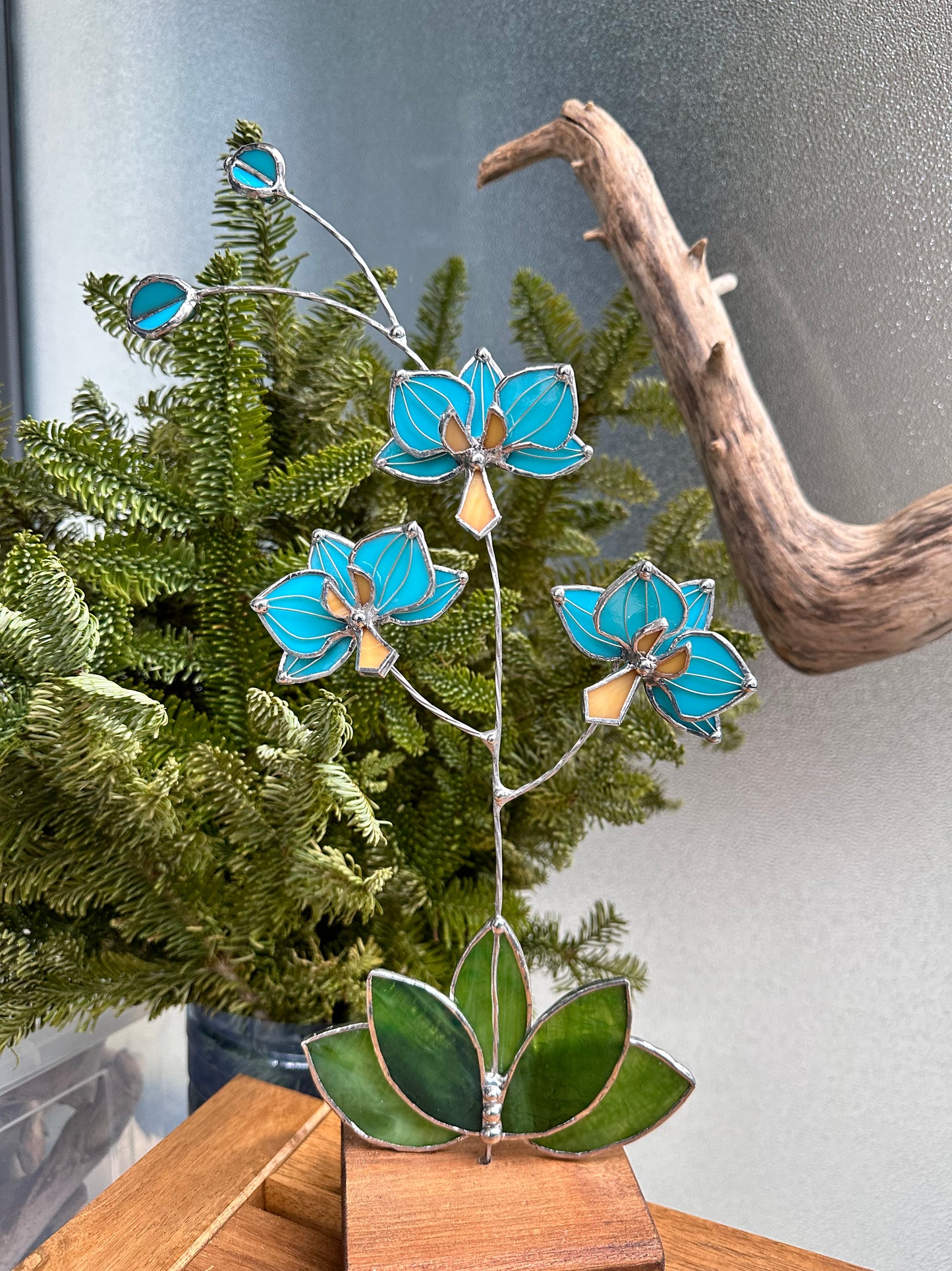 ".Orchid Tiffani Turquoise", Stained glass tropical flower 3D, Sun catcher, Table plant decor, Garden stake, wedding decor, Christmas gift