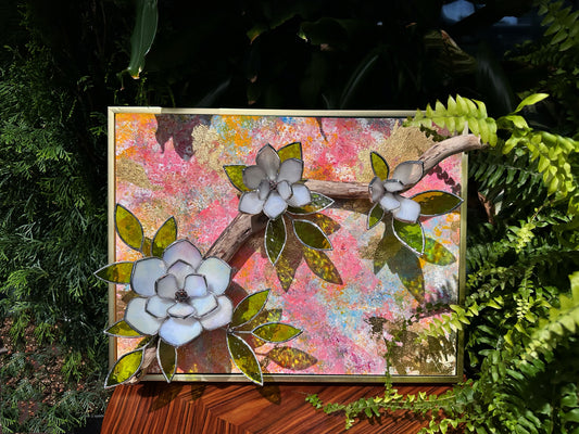 ". Acrylic painting ‘Spring Magnolia’ with stained glass 3D flowers, Wall decor, Wedding, Christmas gift, available