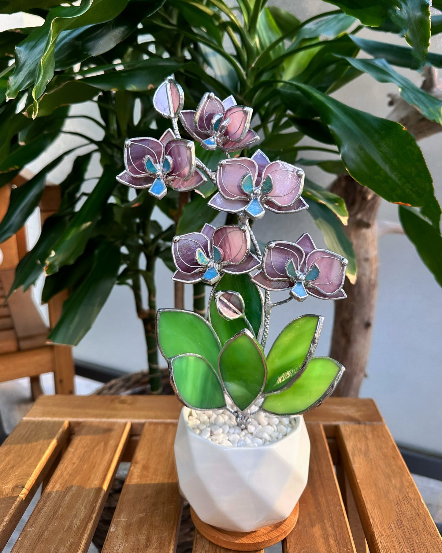 " . Dusty Rose Orchid М, 5 flowers with pot” Stained glass tropical flower 3D, Sun catcher, Table plant, Garden stick, Outdoor and gardening decor