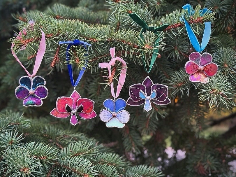 " . CHOOSE COLOR Orchid Flower Christmas ornament, Stained glass Holiday decor, Handmade art plant