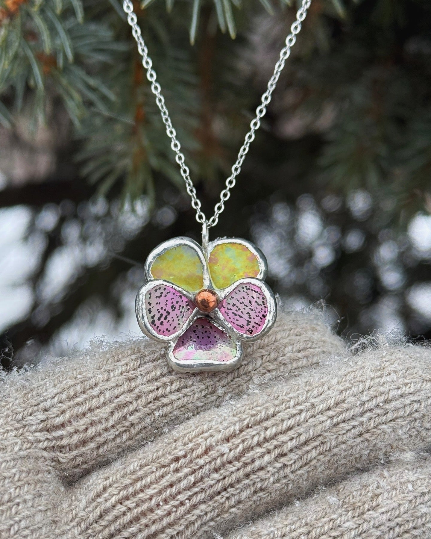 " . CHOOSE COLOR “NECKLACE Pansy flower” Stained glass tropical flower 3D, art jewelry