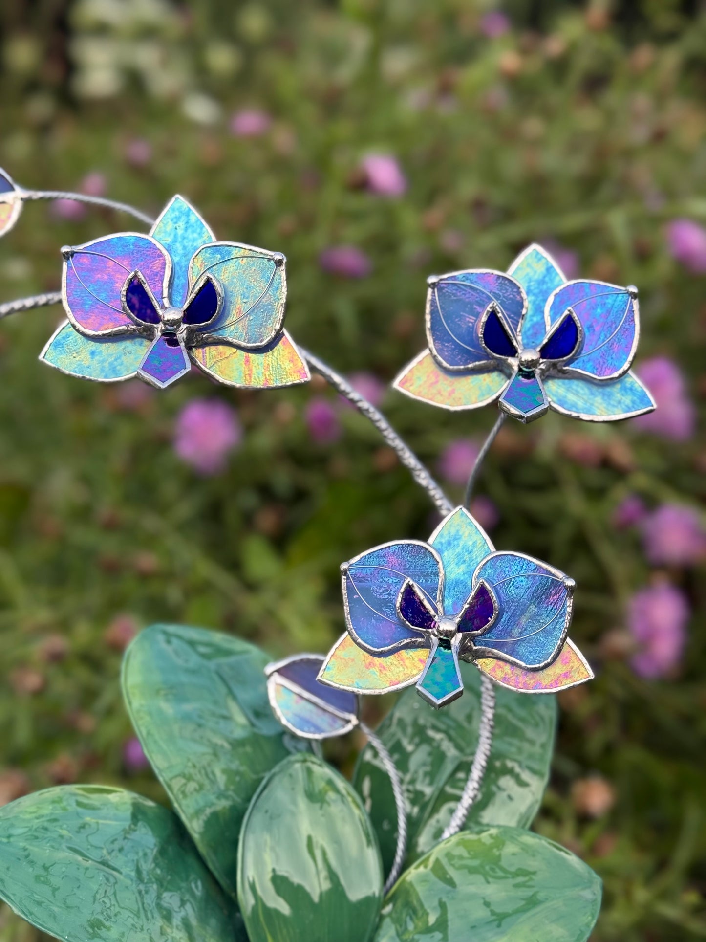 Orchid Lavender Blue Stained Glass WITH Hand Painted RESIN LEAVES, 3 Flowers, Botanical Table Decor