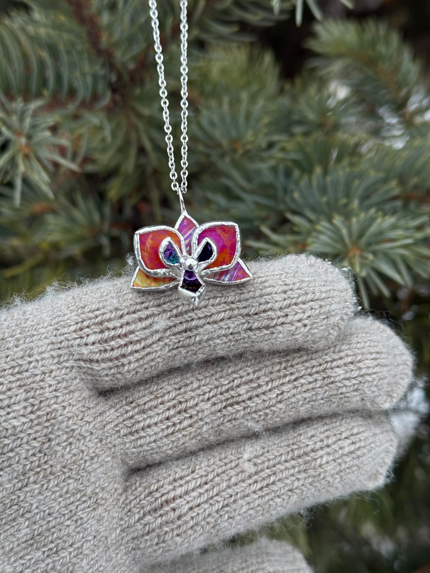 " . Necklace Orchid Red peachy orange iridescent Necklace” Stained glass tropical flower 3D, art jewelry