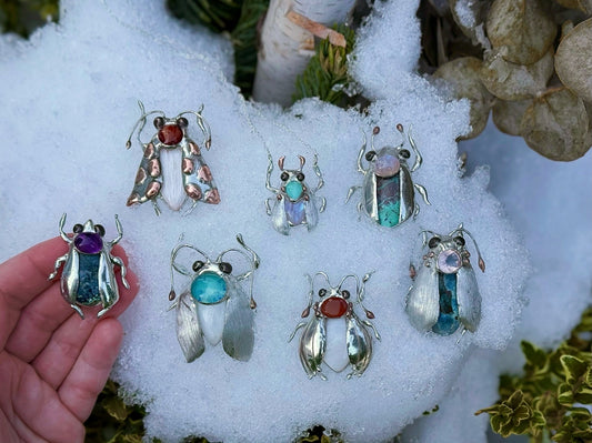 "  . Bug Necklace or Brooch with semi-precious stones and fused glass, art jewelry pendant 3D wedding jewelry Mother’s Day gift