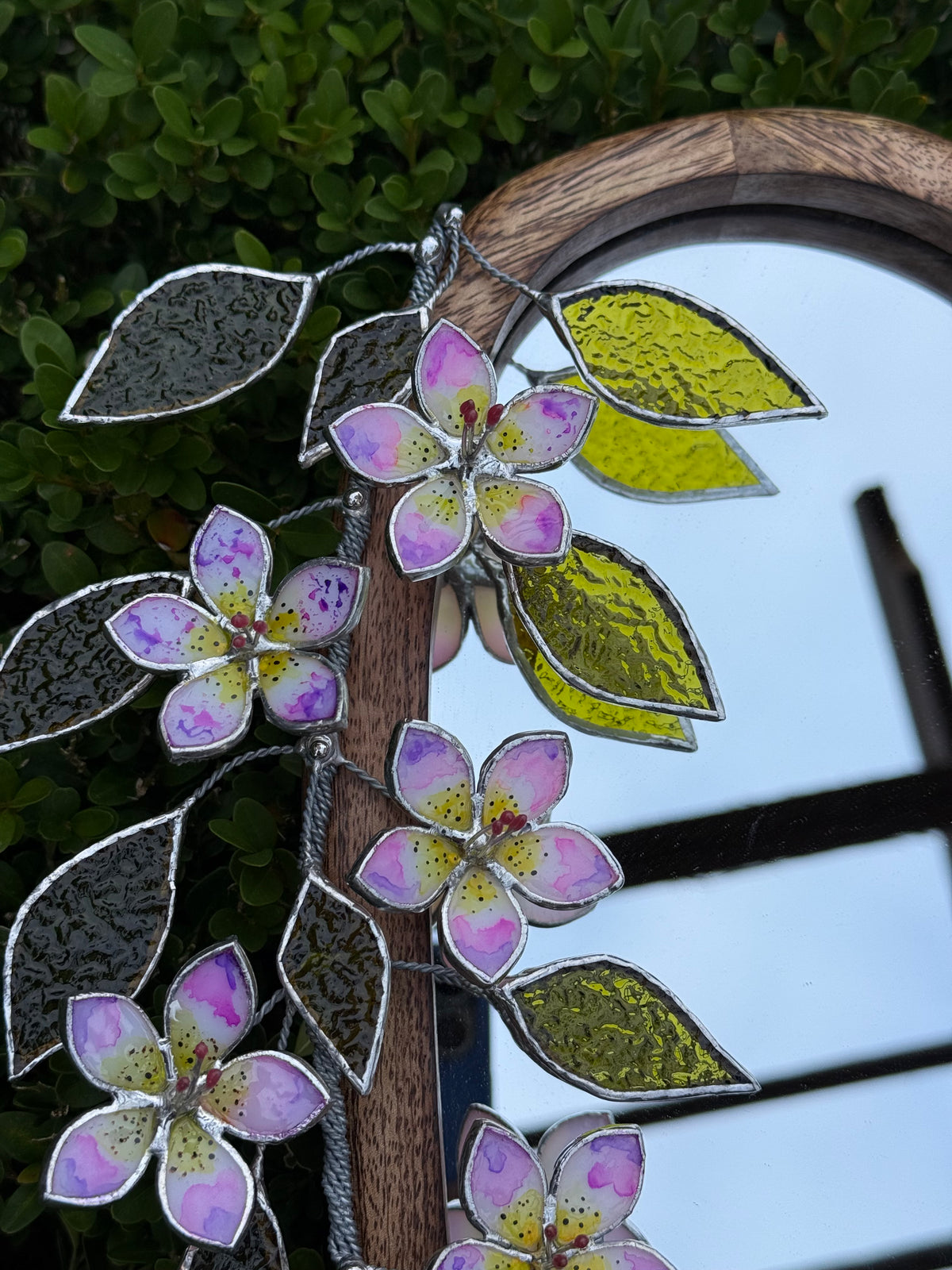 Hand Painted Tropical Flower Stained glass Flower Mirror, 3D Botanical Floral Wall Art ready new