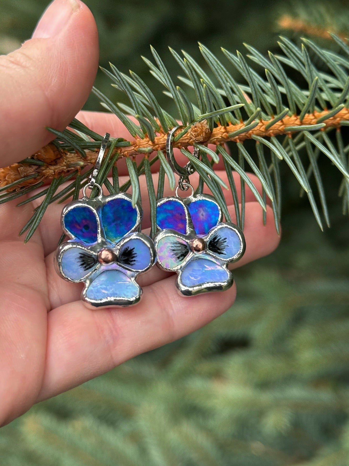 "  . Earrings Pansy flower Indigo iridescent” Stained glass modern floral art jewelry