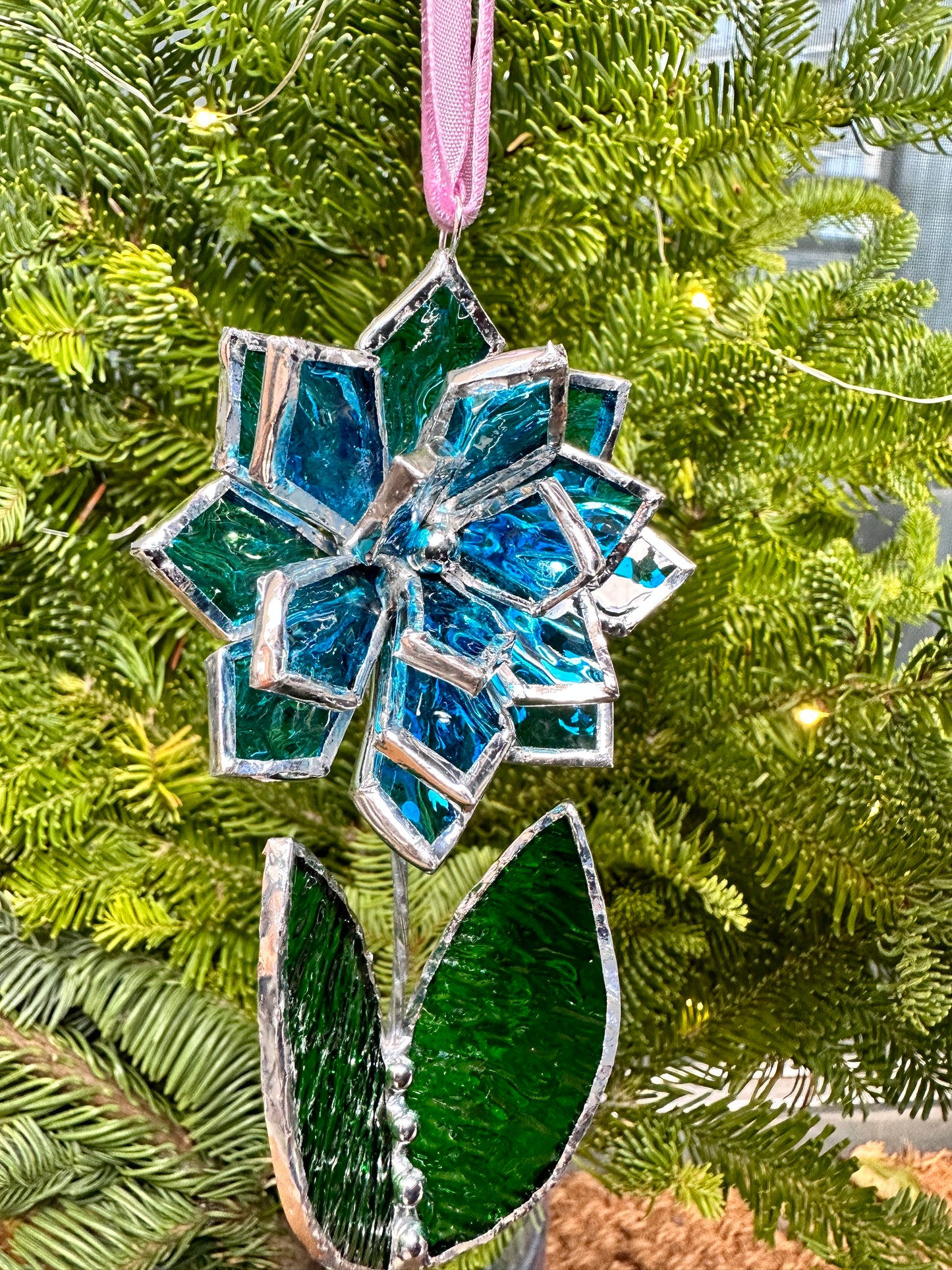 Christmas tree ornament Flower Blue ribbed transparent Set of 1, 3, 5, 7, 10. Stained glass Wall window decor, holiday decorations, lights