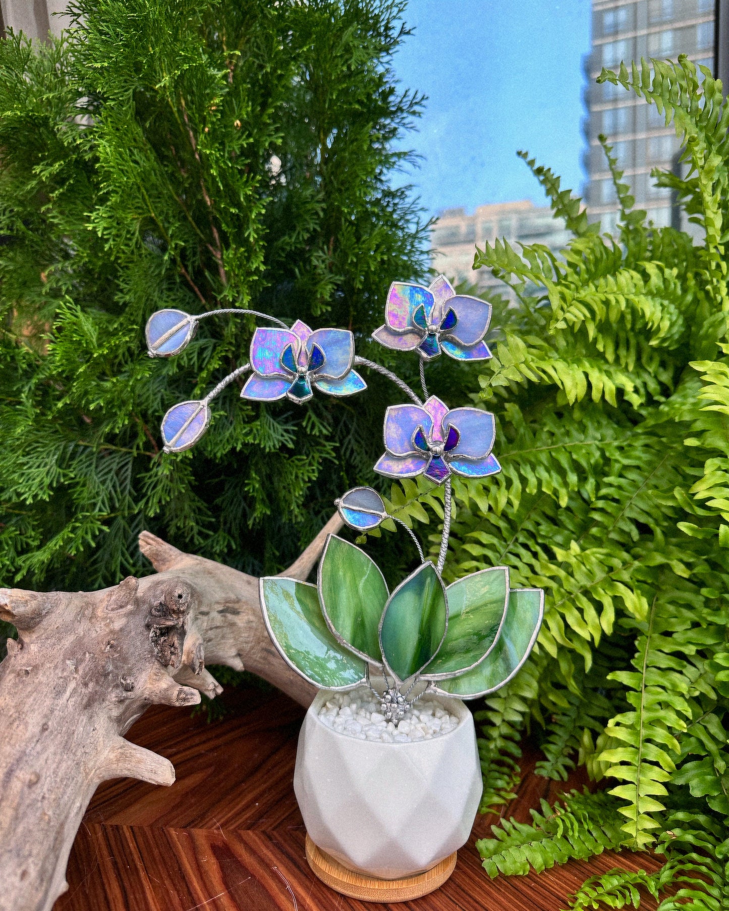 " . Lavender iridescent Orchid 3 flowers with pot” Stained glass tropical flower 3D, Sun catcher, Table plant, Garden stick, Outdoor and gardening decor