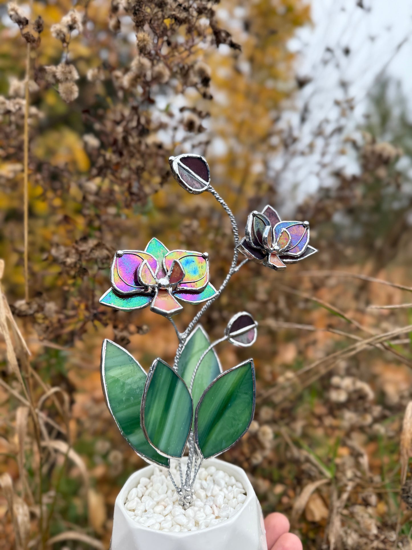 " . Mauve iridescent Orchid 2 flowers with pot” Stained glass tropical flower 3D, Sun catcher, Table plant decor, Garden stick, Outdoor and gardening decor