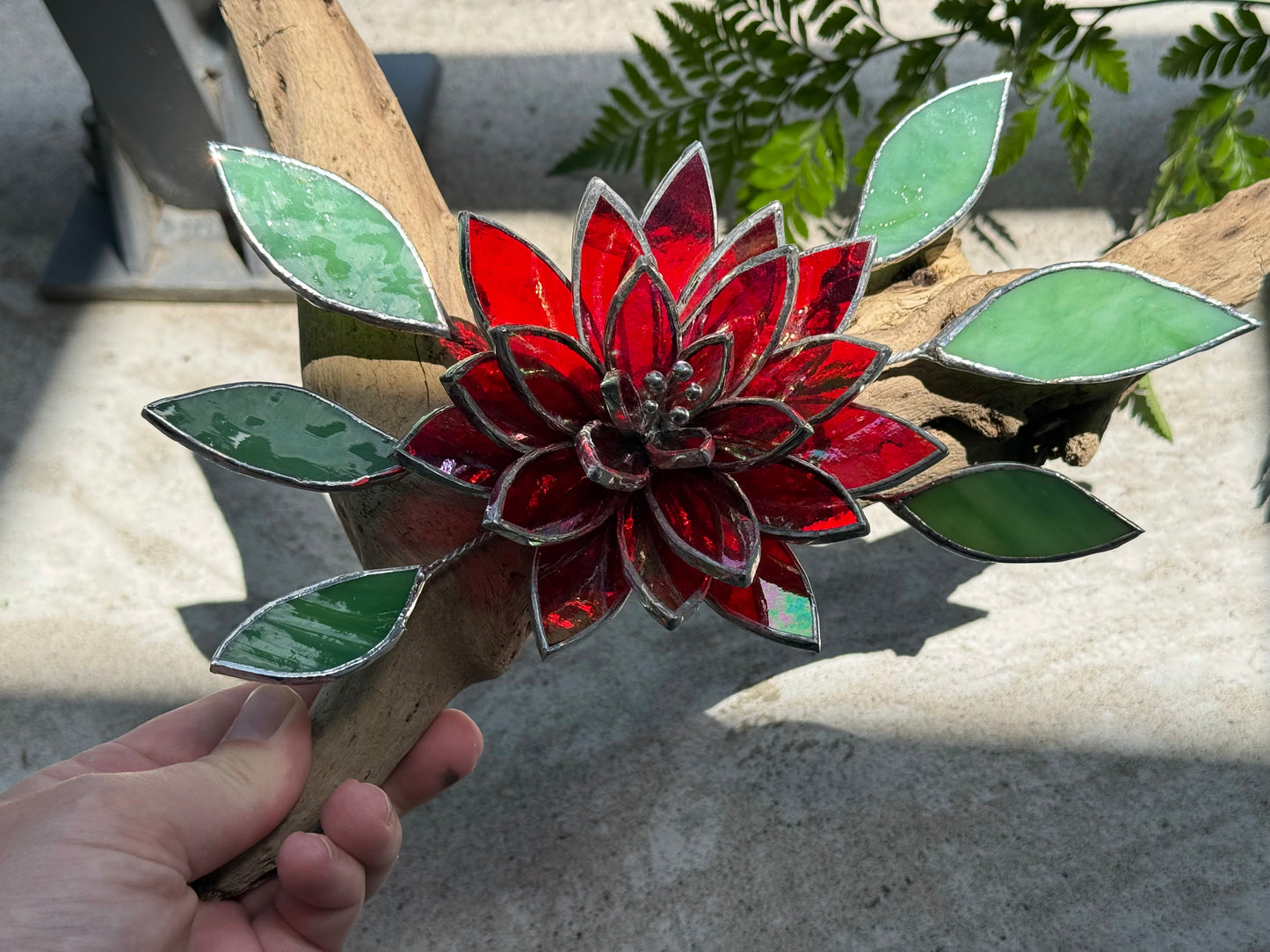 .Fire Flower Iridescent " Stained Glass Driftwood Wall Decor Suncatcher