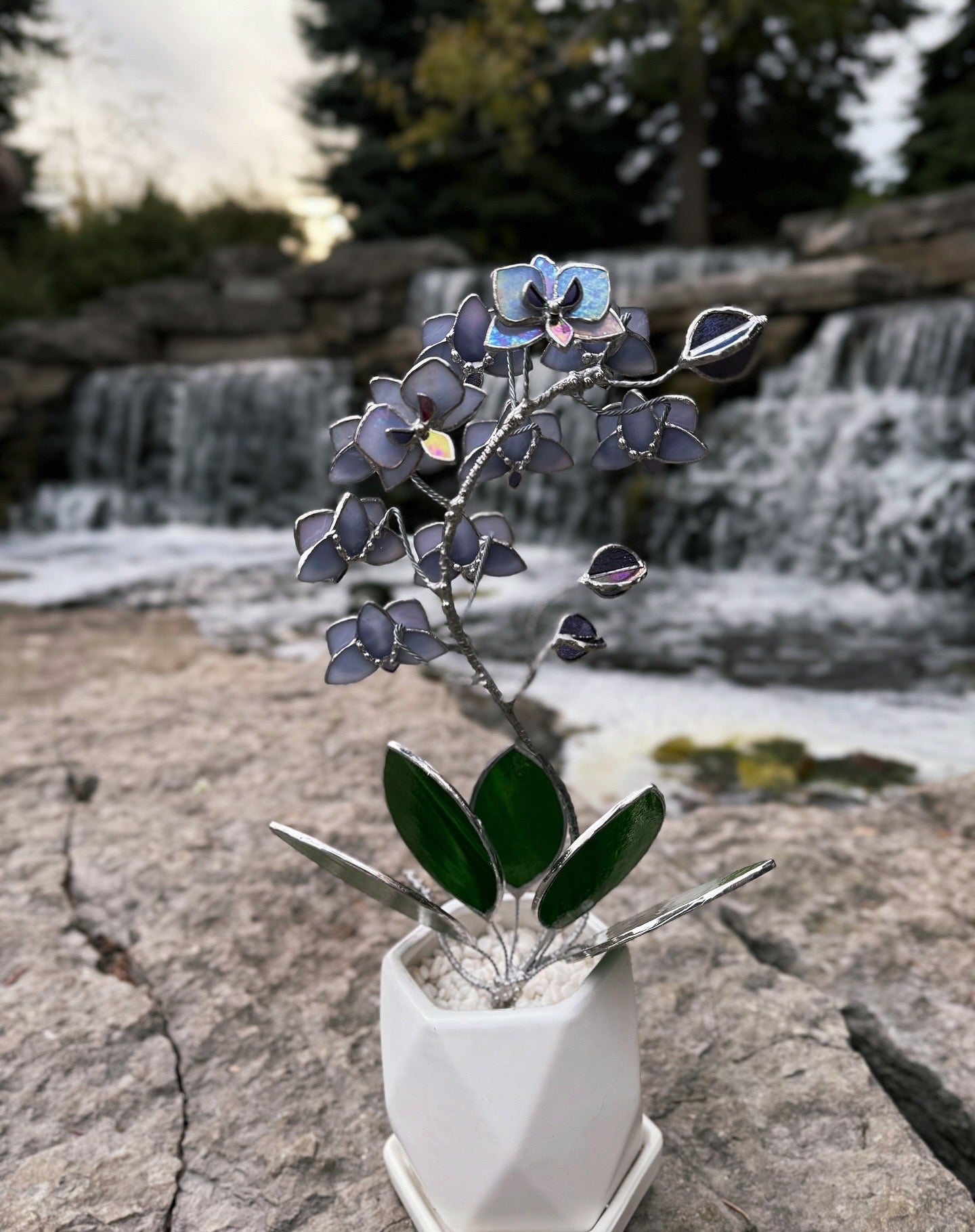 "  . Stained glass Orchid Lavender iridescent, double sided, 10 flowers with pot”, Stained glass tropical flower 3D, Suncatcher, Table plant decor