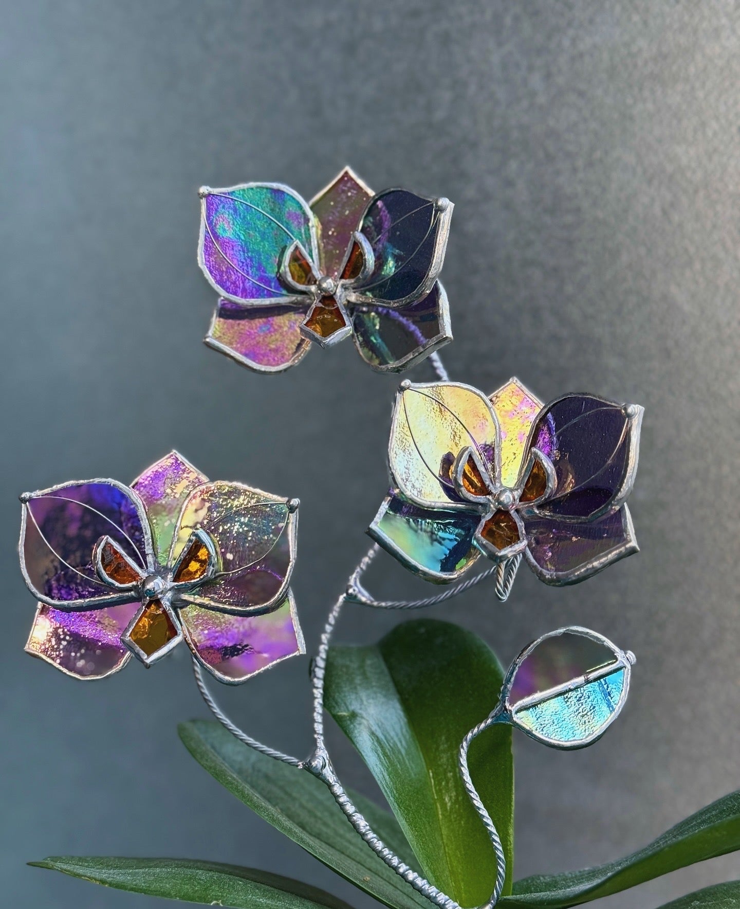 " . Butterfly orchid Purple transparent irid flower stick, Plant stake 3 flowers no pot” Stained glass flower, Table plant, Garden stick