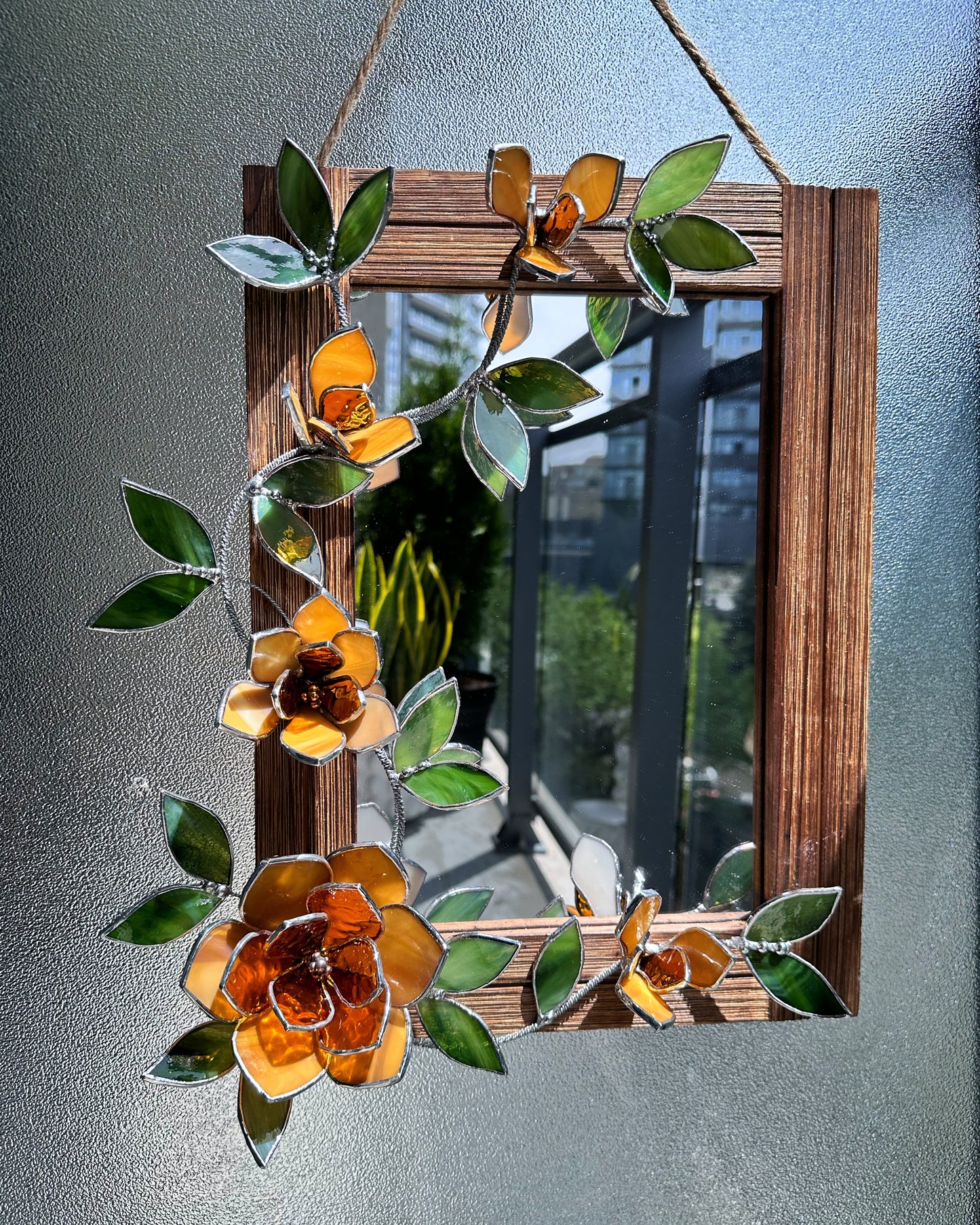 " . Amber Magnolia Flower Mirror, Stained glass Wedding Wall Decor, Christmas gift, Suncatcher