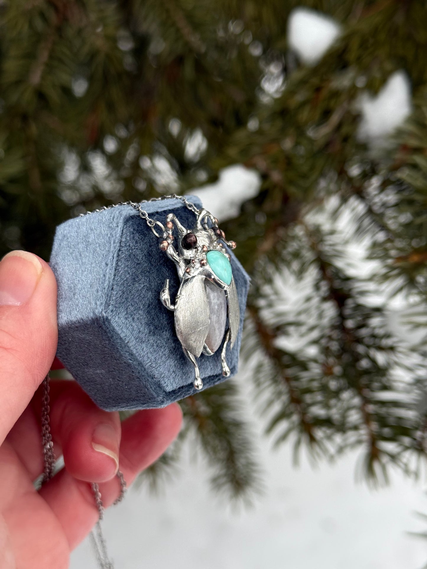 " . Bug necklace Moon Cicada with Blue Turquoise & Moonstone”, art jewelry pendant 3D wedding jewelry Mother’s Day gift