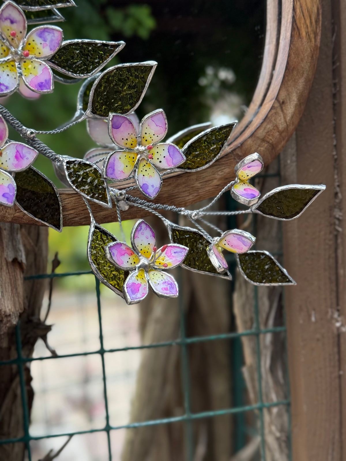 Hand Painted Tropical Flower Stained glass Flower Mirror, 3D Botanical Floral Wall Art ready new