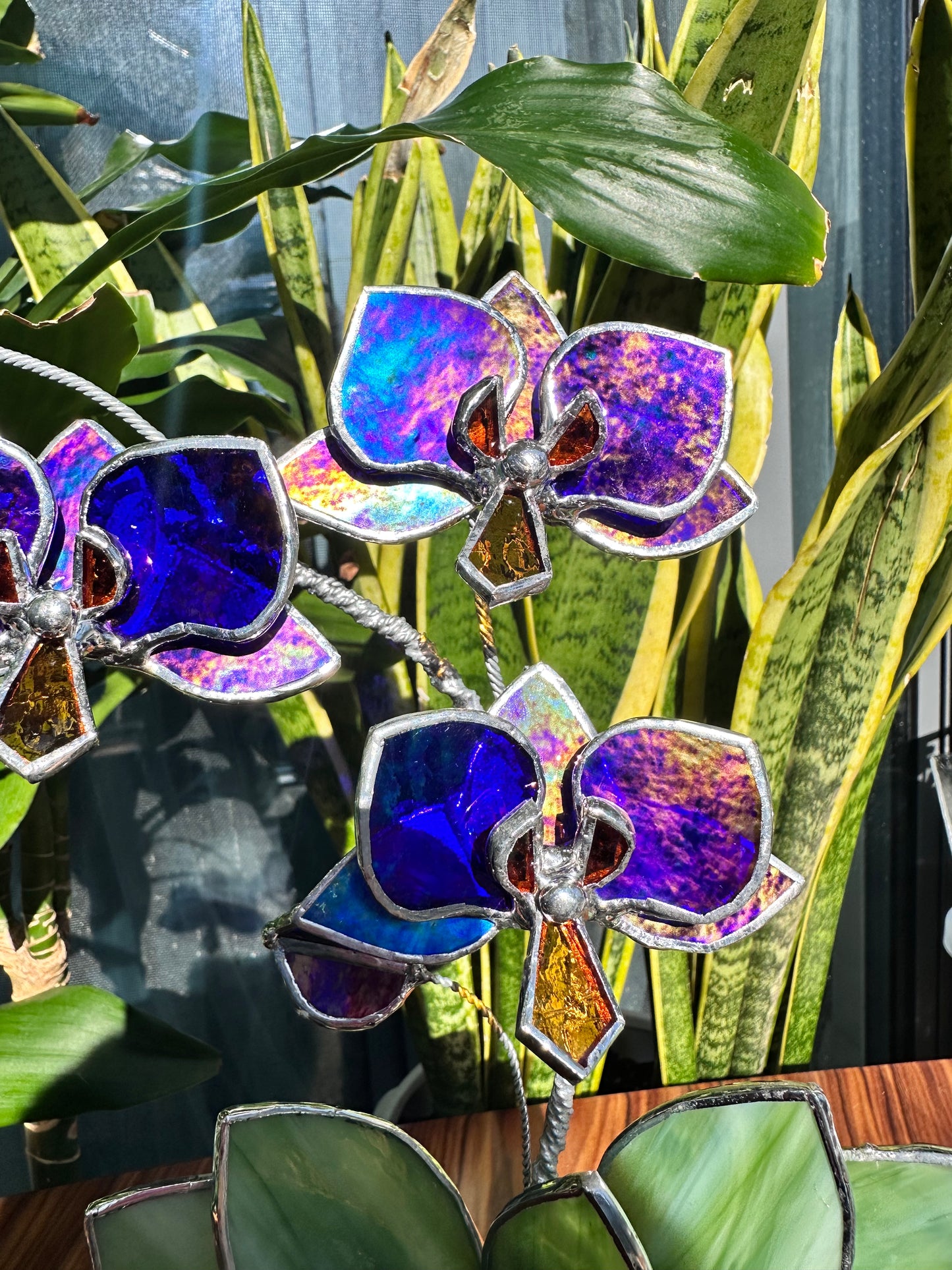 ". Amethyst luminescent Orchid 3 flowers with pot” Stained glass tropical flower 3D, Sun catcher, Table plant, Garden stick, Outdoor and gardening decor