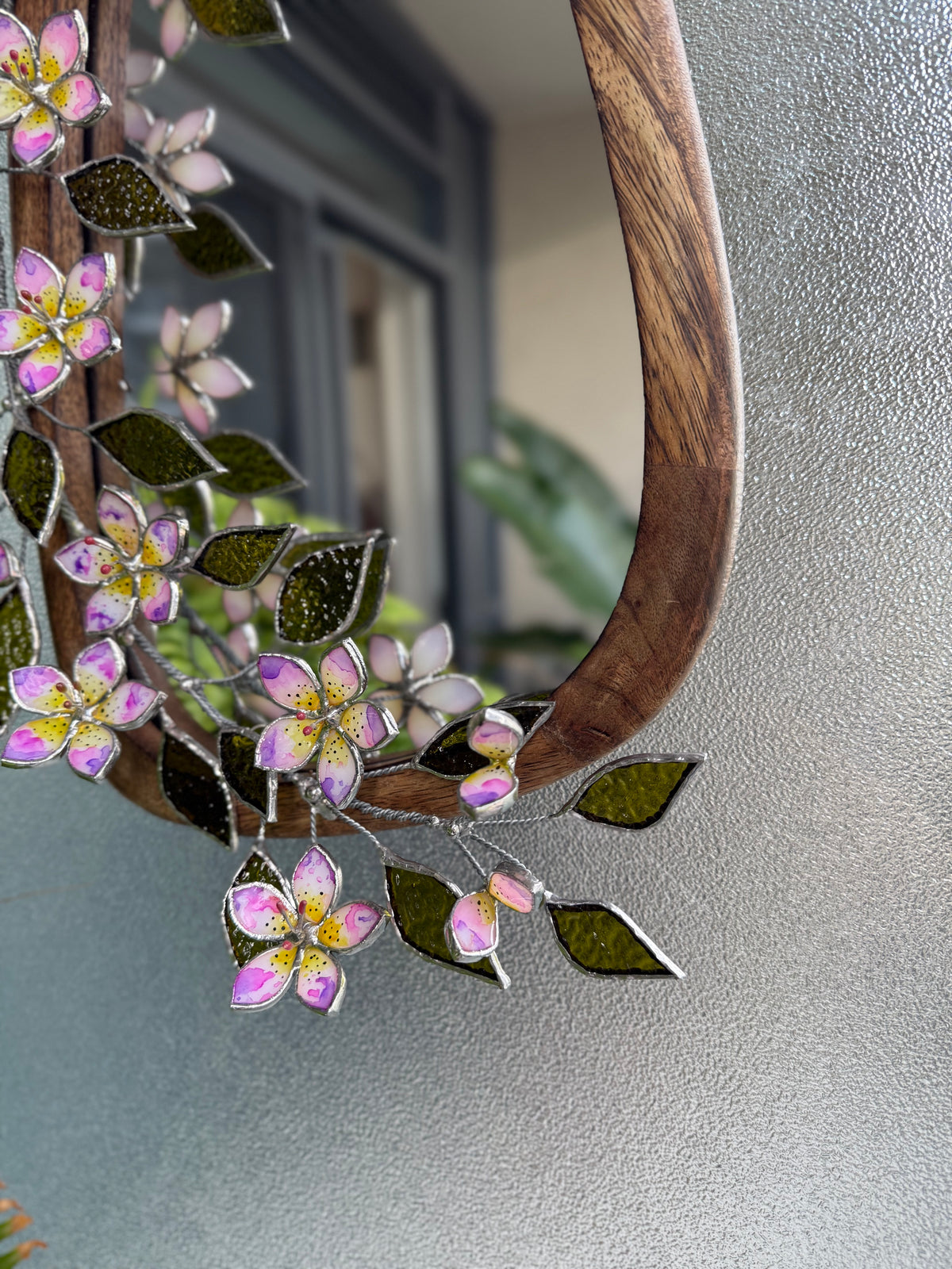 .Tropical Flower Hand Painted Stained glass Flower Mirror, 3D Botanical Floral Wall Art ready new