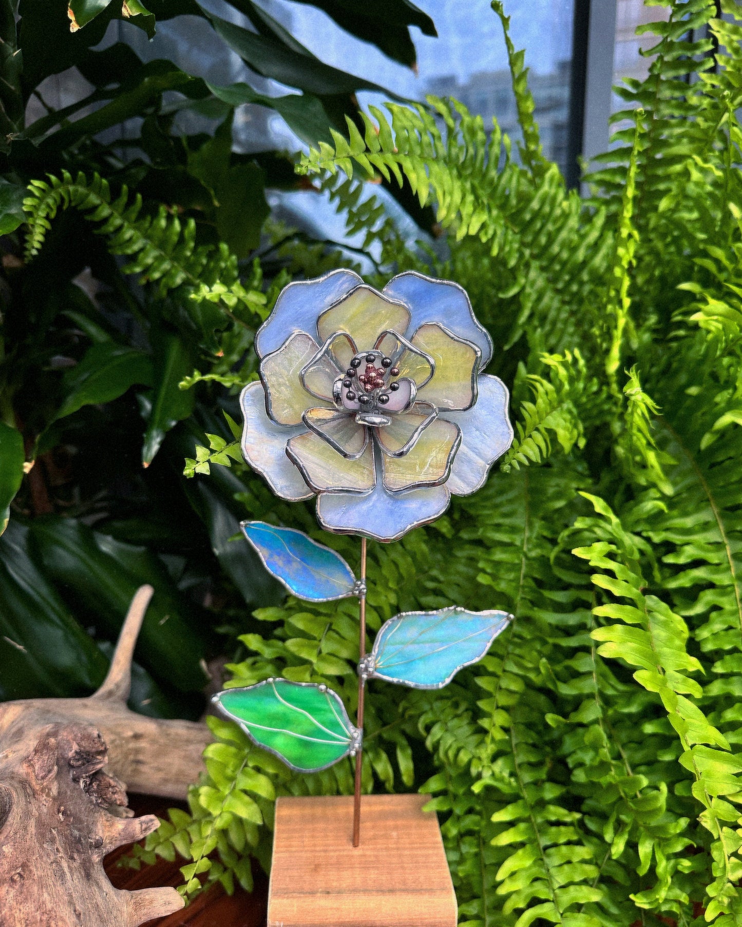 " . Lavender & yellow irid Peony Stained glass flower, tropical 3D Sun catcher, Table plant decor, wedding gift, available