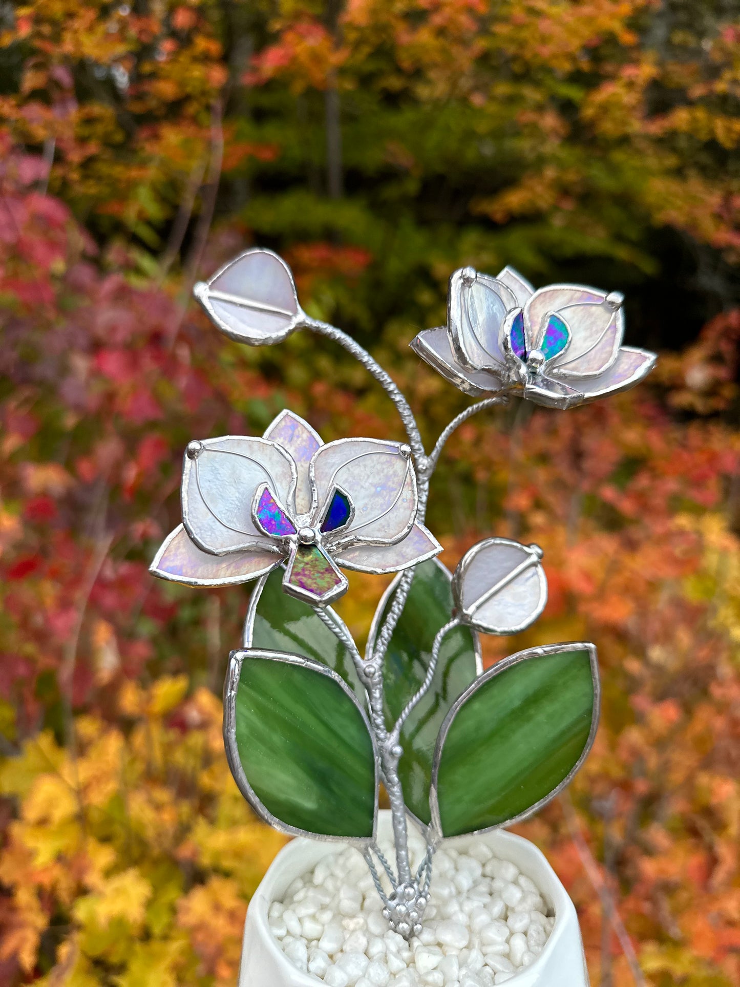 " . Orchid White Pearl iridescent, 2 flowers with pot” Stained glass tropical flower 3D, Sun catcher, Table plant decor, Garden stick, Outdoor and gardening decor