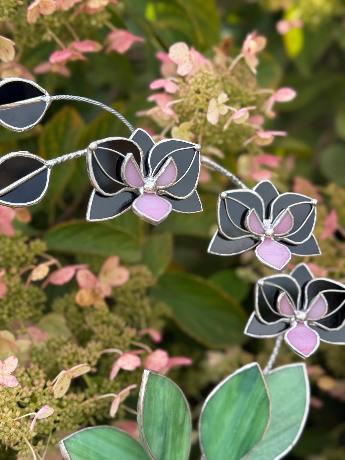 Black Pink Orchid 3 flowers with pot, Stained glass tropical flower, Sun catcher