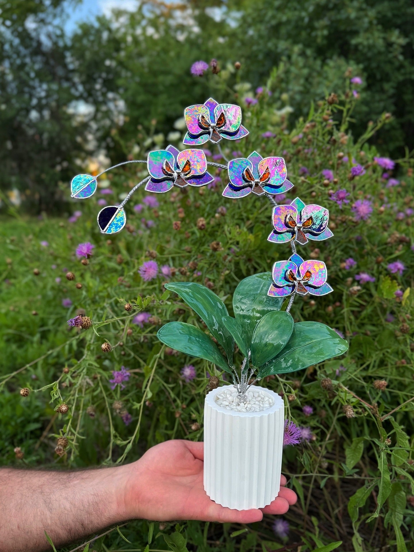 .Amethyst indigo Orchid, WITH RESIN LEAVES, 5 Flowers, Handmade Stained Glass Botanical Art Decor