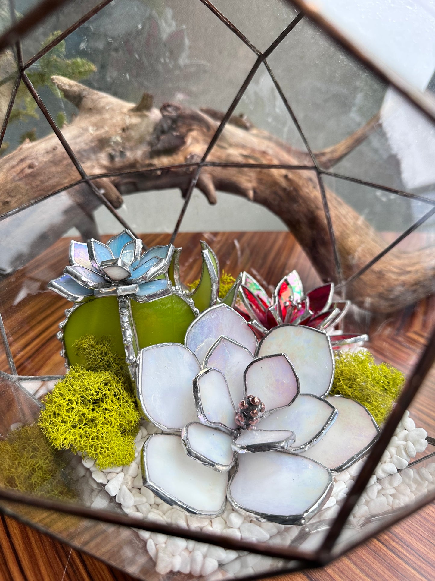 Geometric glass 3D terrarium with stained glass plants , Wedding glass decor, Mother’s Day  gift, glass art, sun catcher, succulents