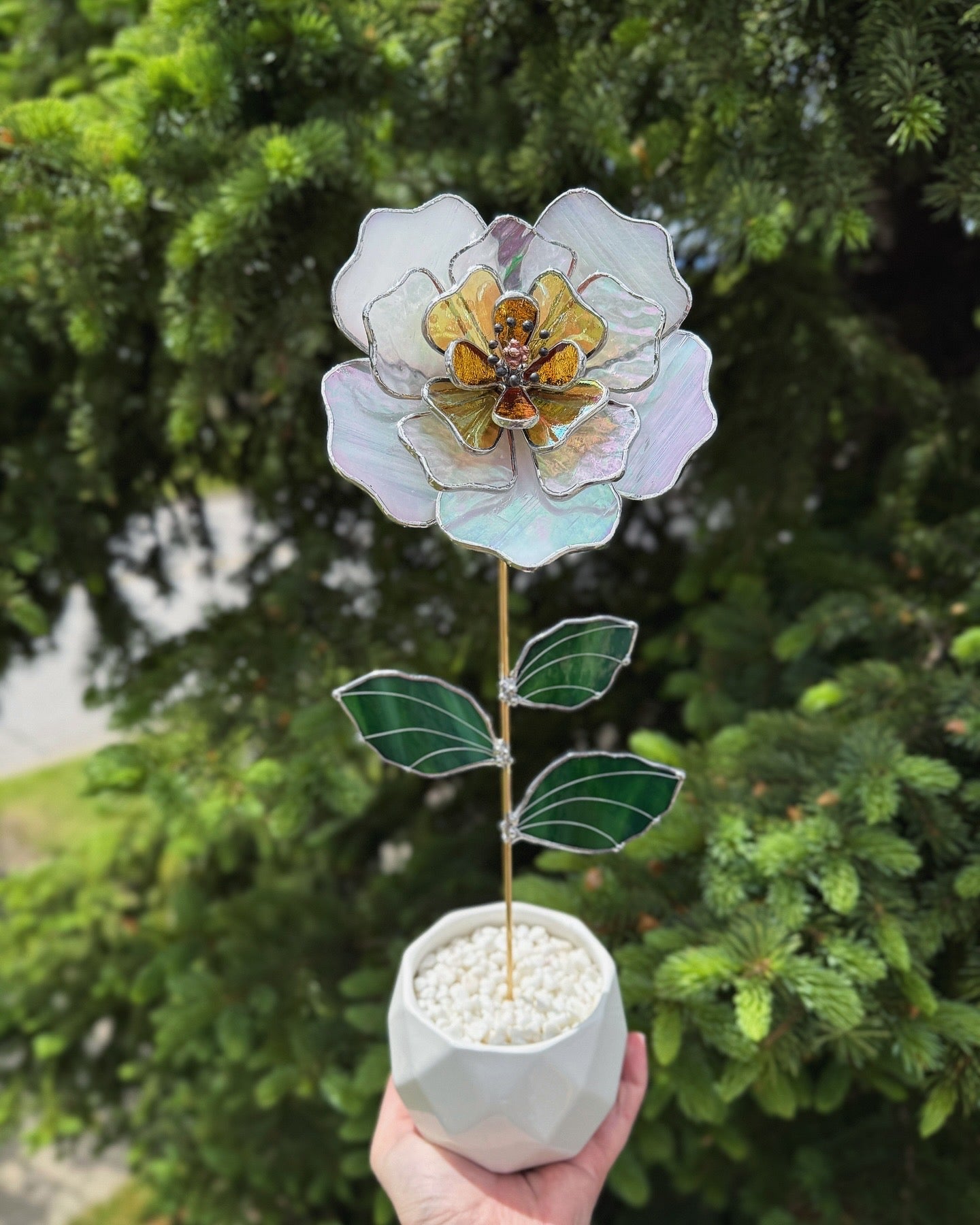 " . Beautiful Peony White & yellow iridescent Stained glass flower, tropical 3D Sun catcher, Table plant decor, wedding gift, available new