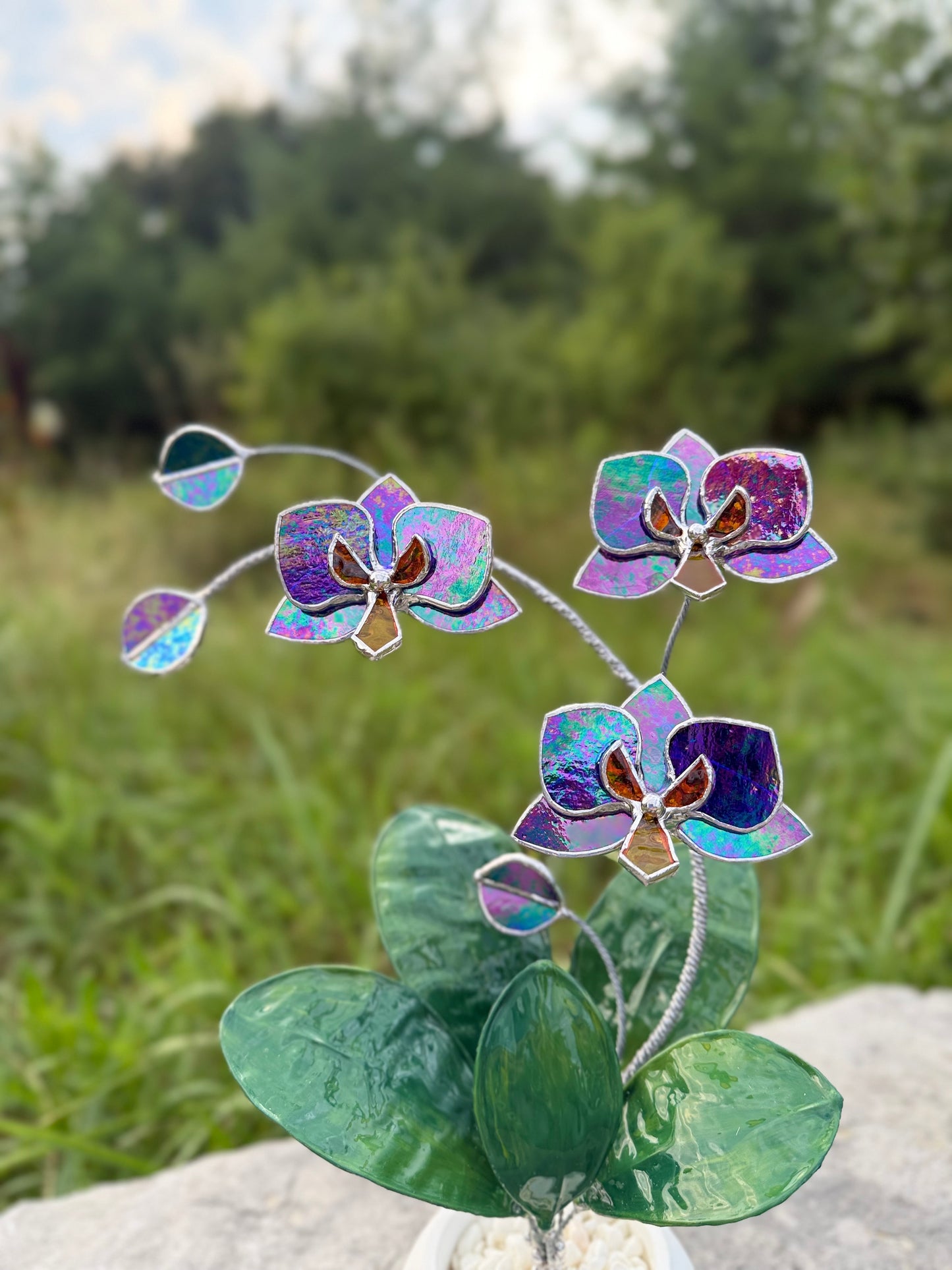 Orchid Indigo Iridescent Stained Glass WITH Hand Painted RESIN LEAVES, 3 Flowers, Botanical Table Decor