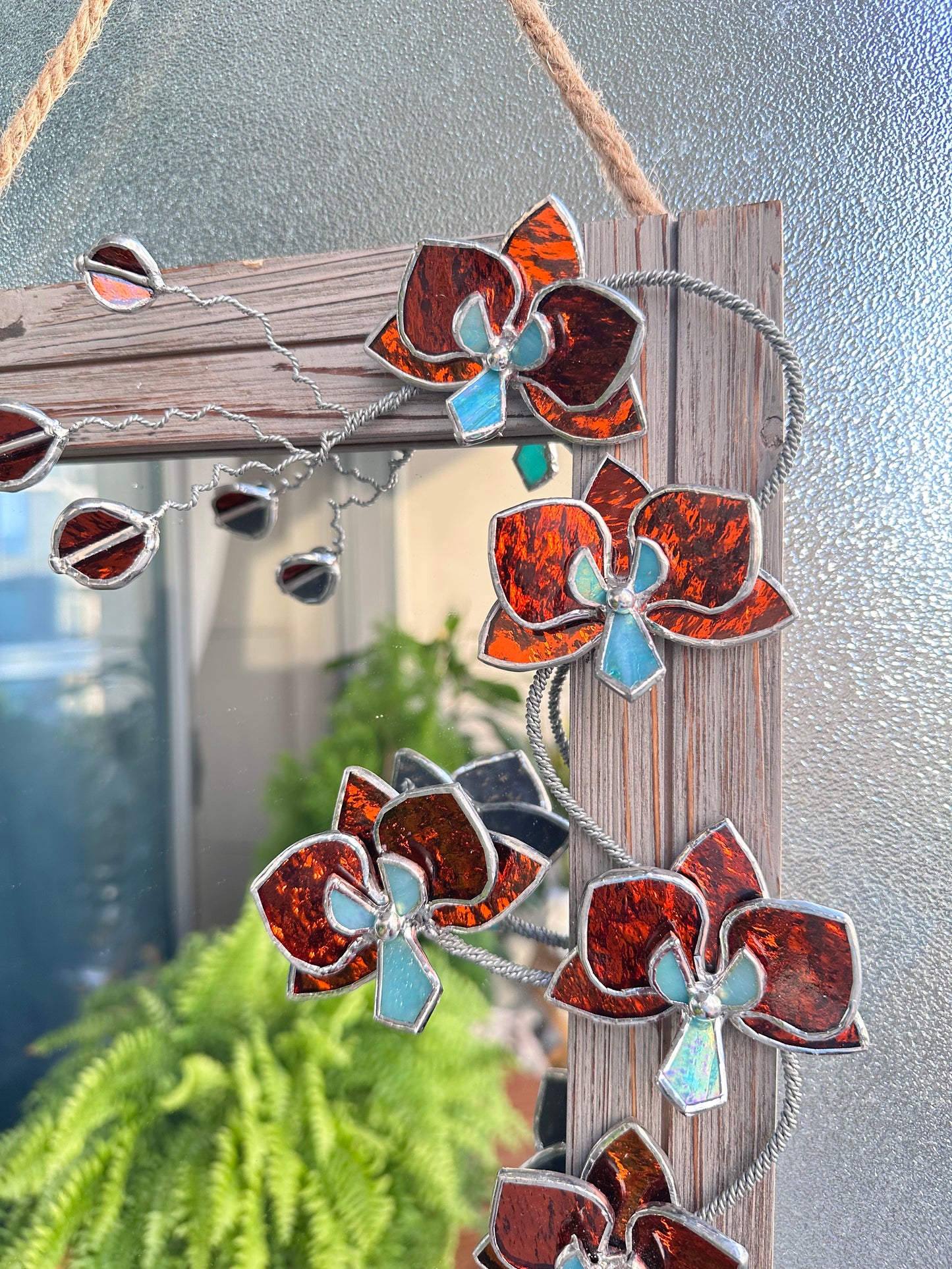 ". Blooming Orchid Amber Silvercoat" Stained glass flower Mirror, Wall decor, Wedding, Christmas gift