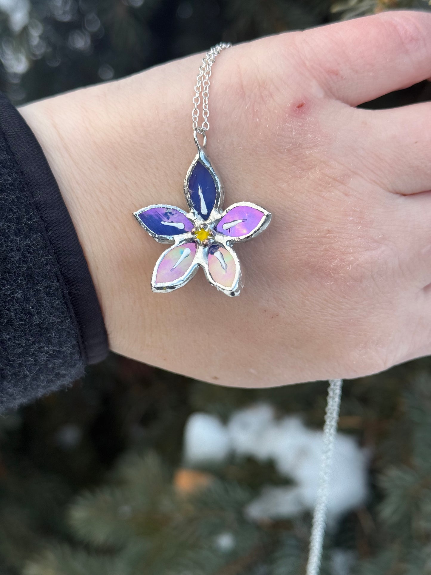 " . Necklace Forget Me Not flower Blue luminescent Stained glass, Modern art, jewelry