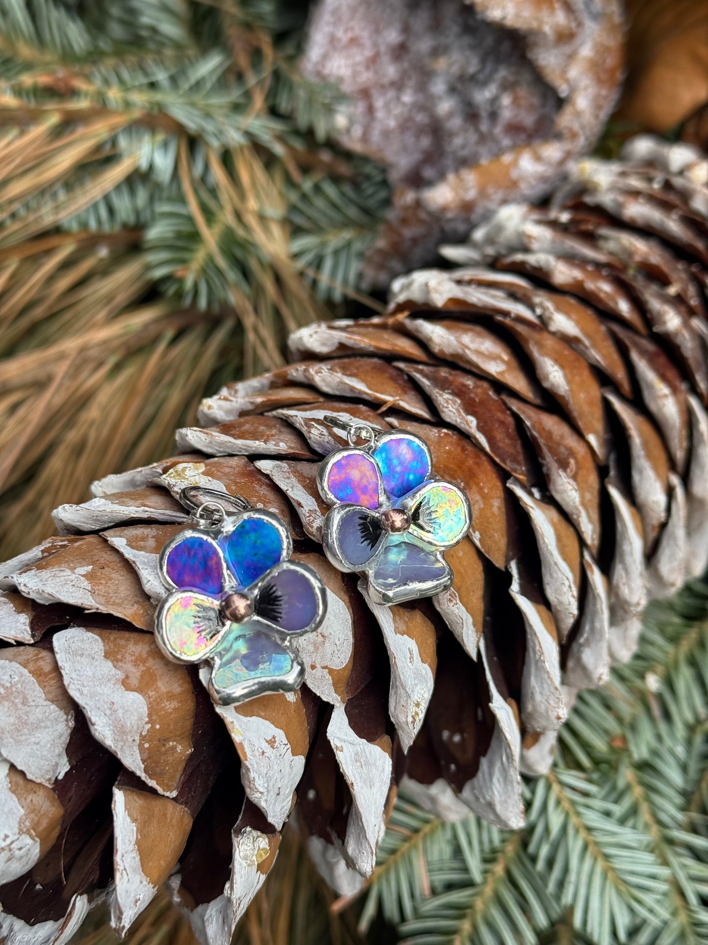 Pansy Earrings Indigo Lavender Handcrafted Stained glass Botanical Art Jewelry