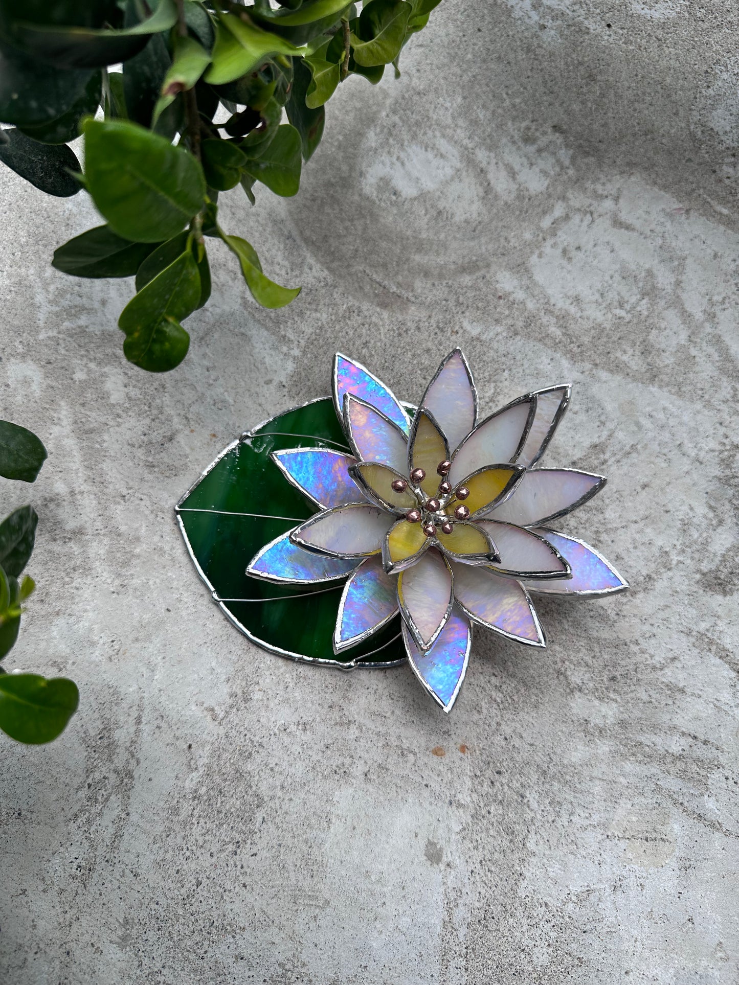 ".Water Lily White Pearl with leaf" Stained glass table decor, holiday decorations, succulents