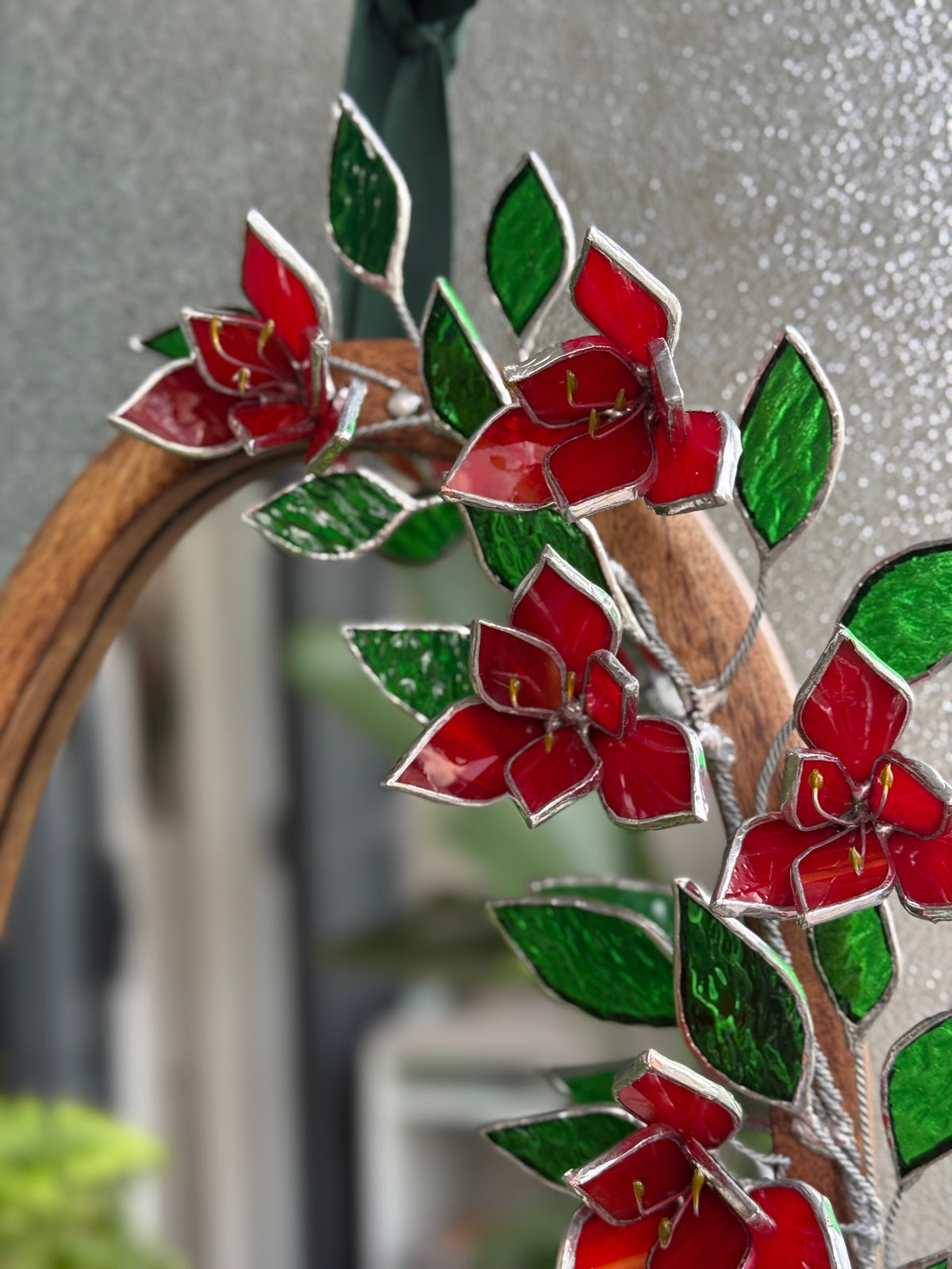 .Amaryllis Flower Mirror, Stained Glass 3D Botanical Floral Wall Art ready new