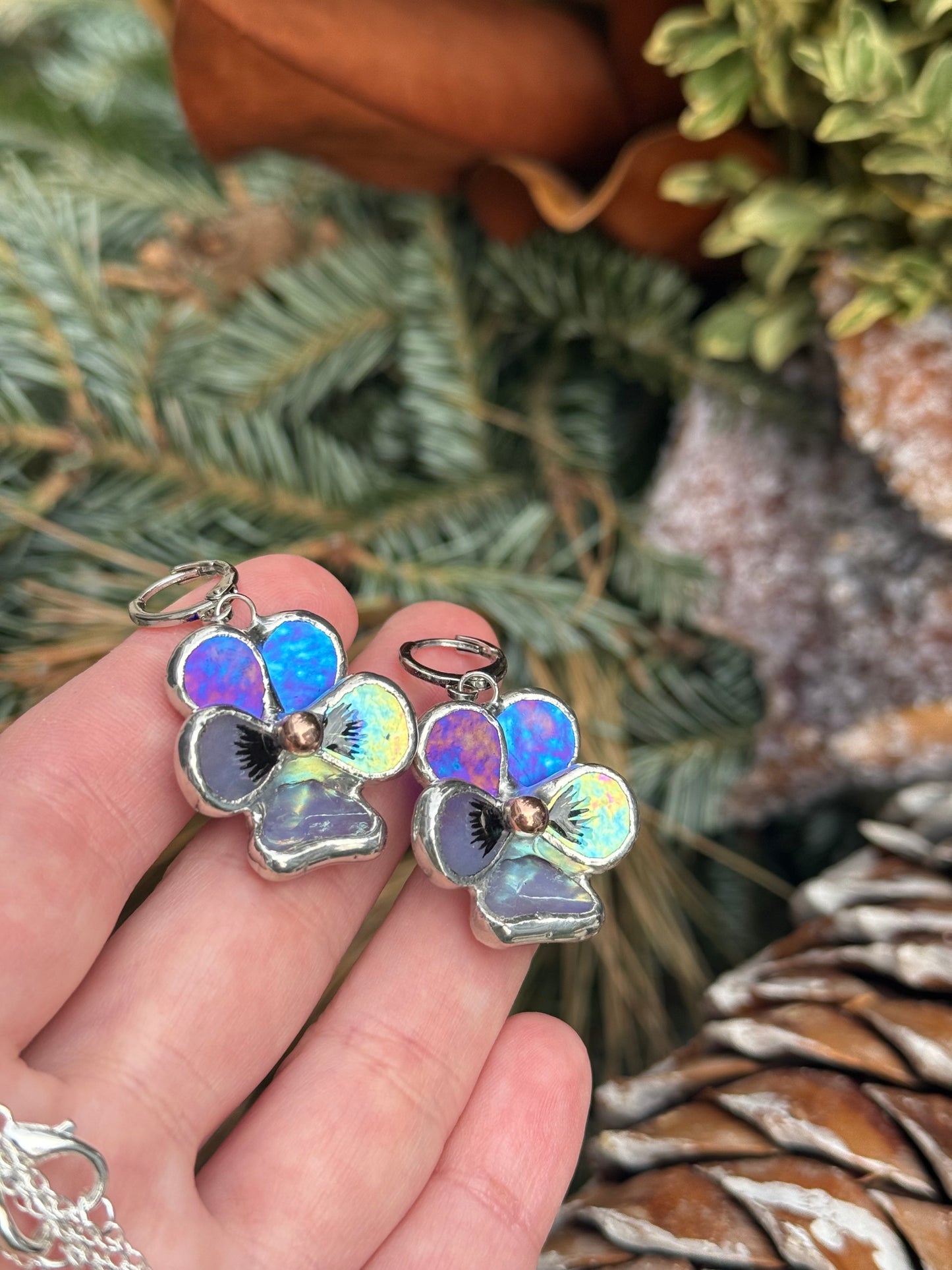 Pansy Earrings Indigo Lavender Handcrafted Stained glass Botanical Art Jewelry