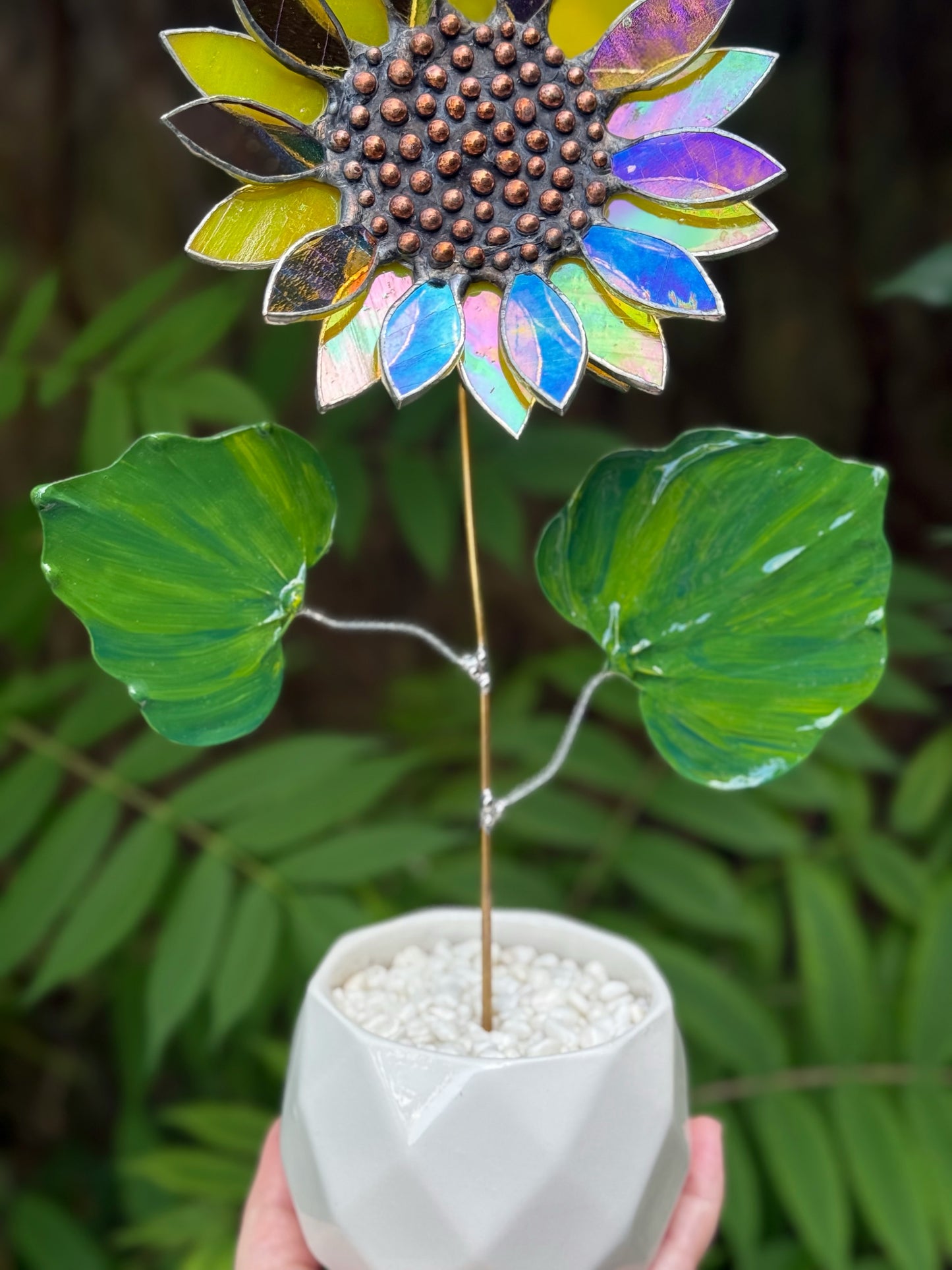 Amber Irid & Lemon Yellow Sunflower Artisan 3D Stained Glass Suncatcher, Table Decor new ready